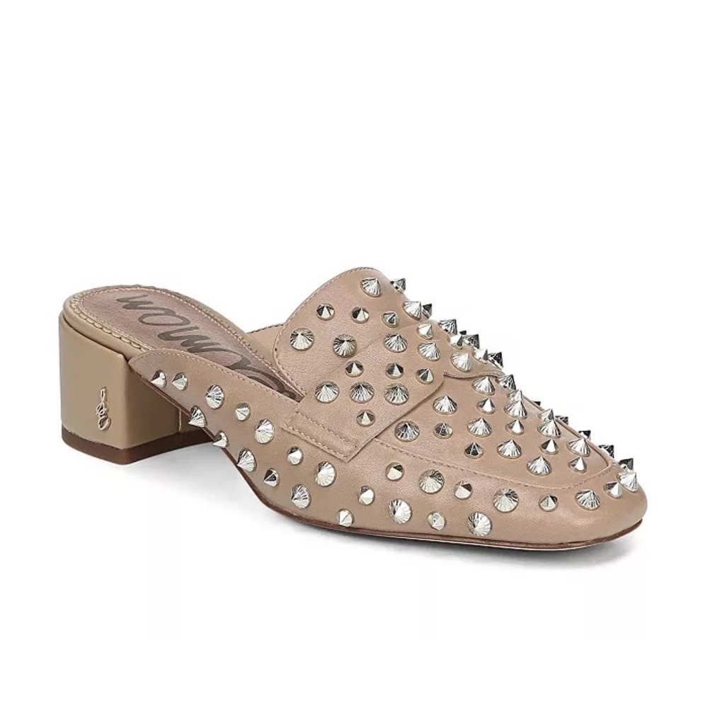 Sam Edelman Women's Augustus Almond Toe Studded Studs Beige Mules Size 7.5